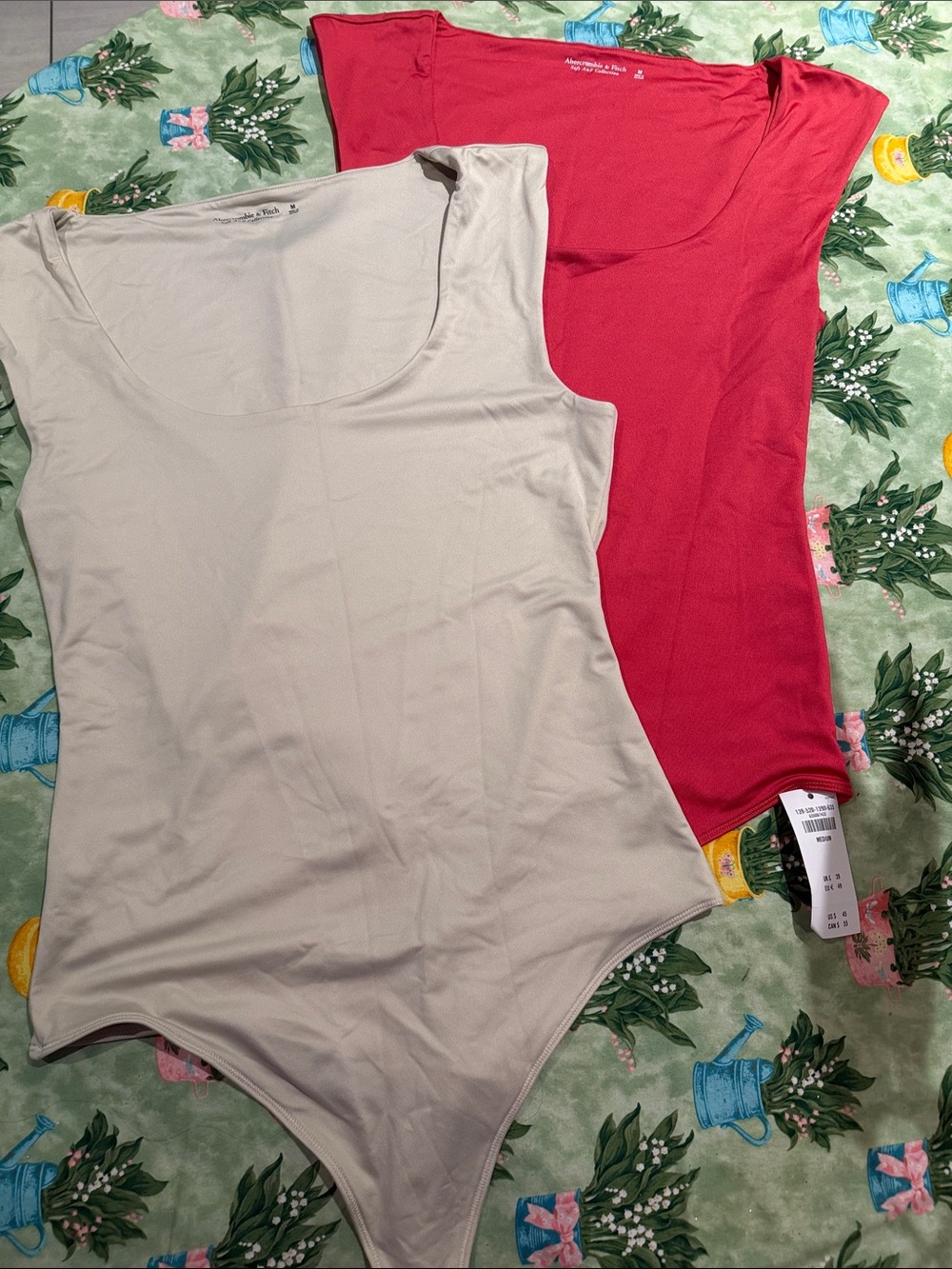 Abercrombie & Fitch Scoop Neck Bodysuits in Red and Beige